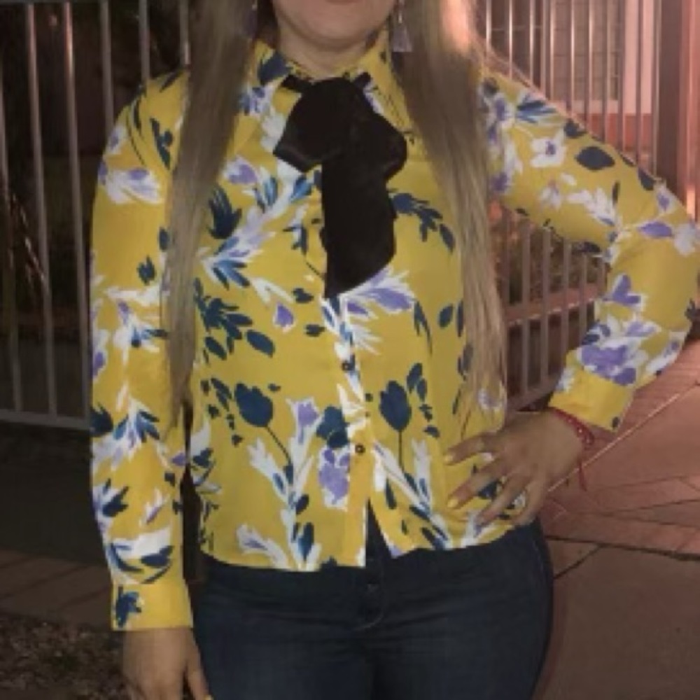 Yellow Floral Long Sleeve With Tie